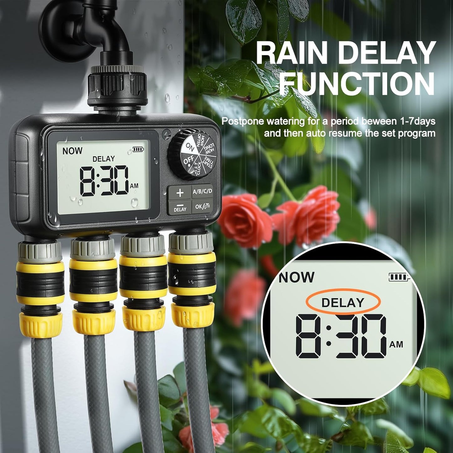 Sprinkler Timer,4 Outlets Programmable Water Timer for Garden Hose,Outdoor Hose Timers with Rain Delay/Manual/Automatic Watering System,Digital Irrigation Timers for Yard,Lawn