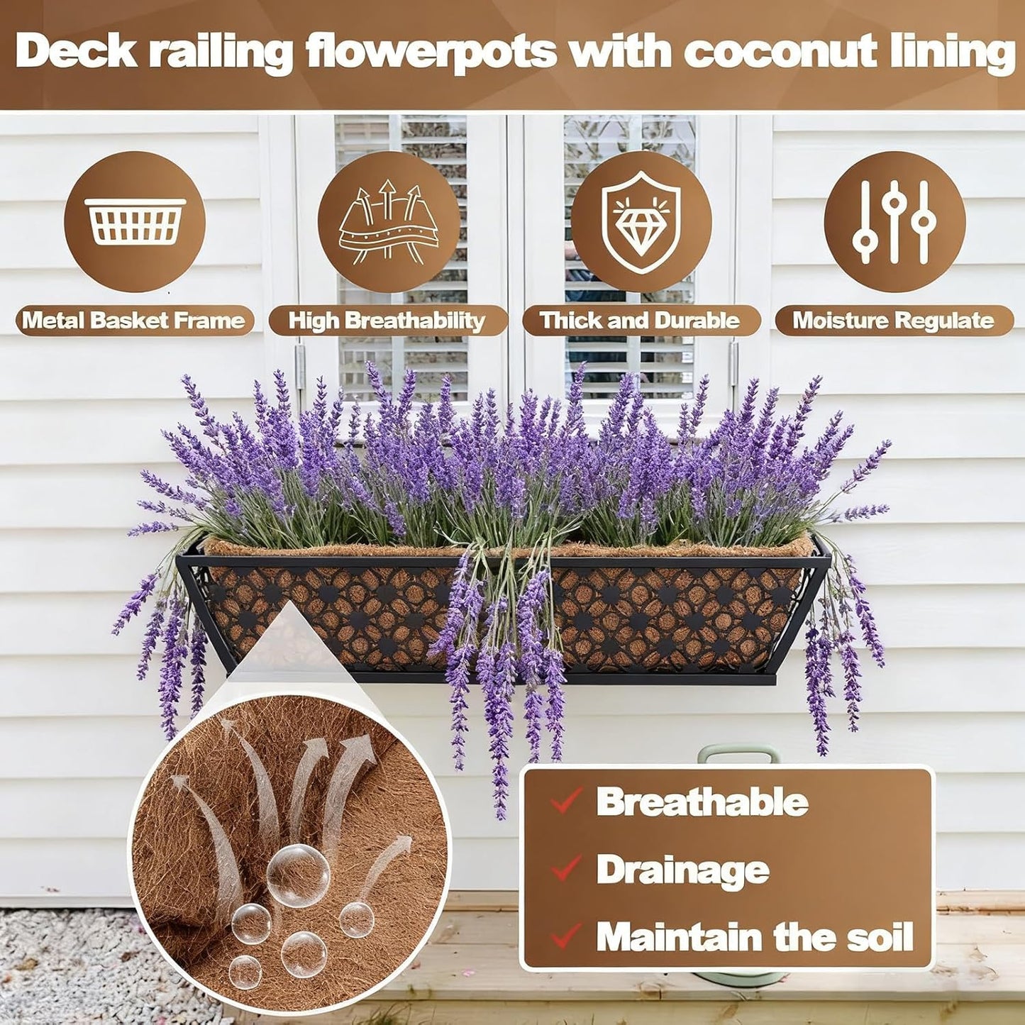 4 Pack 24 Inch Window Box Planters Outdoor,Deck Railing Planter Boxes with Coco Liner,Metal Hanging Window Flower Boxes for Balcony Fence Porch Garden Railing – Outdoor Window Flower Box