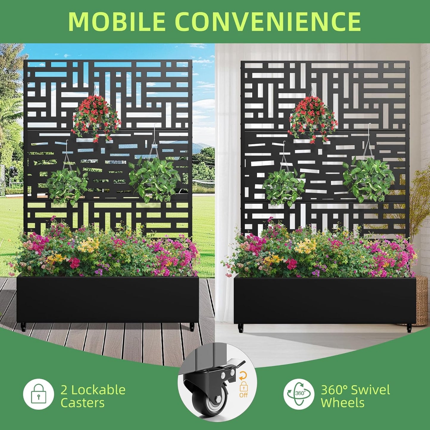 Casaphoria Metal Raised Garden Bed with Trellis and Wheels, 72"x47"x16" Planter Box for Climbing Plants, Vegetables & Vines, Features Drainage Holes and Privacy Screen, Black(Helen&Gerald)