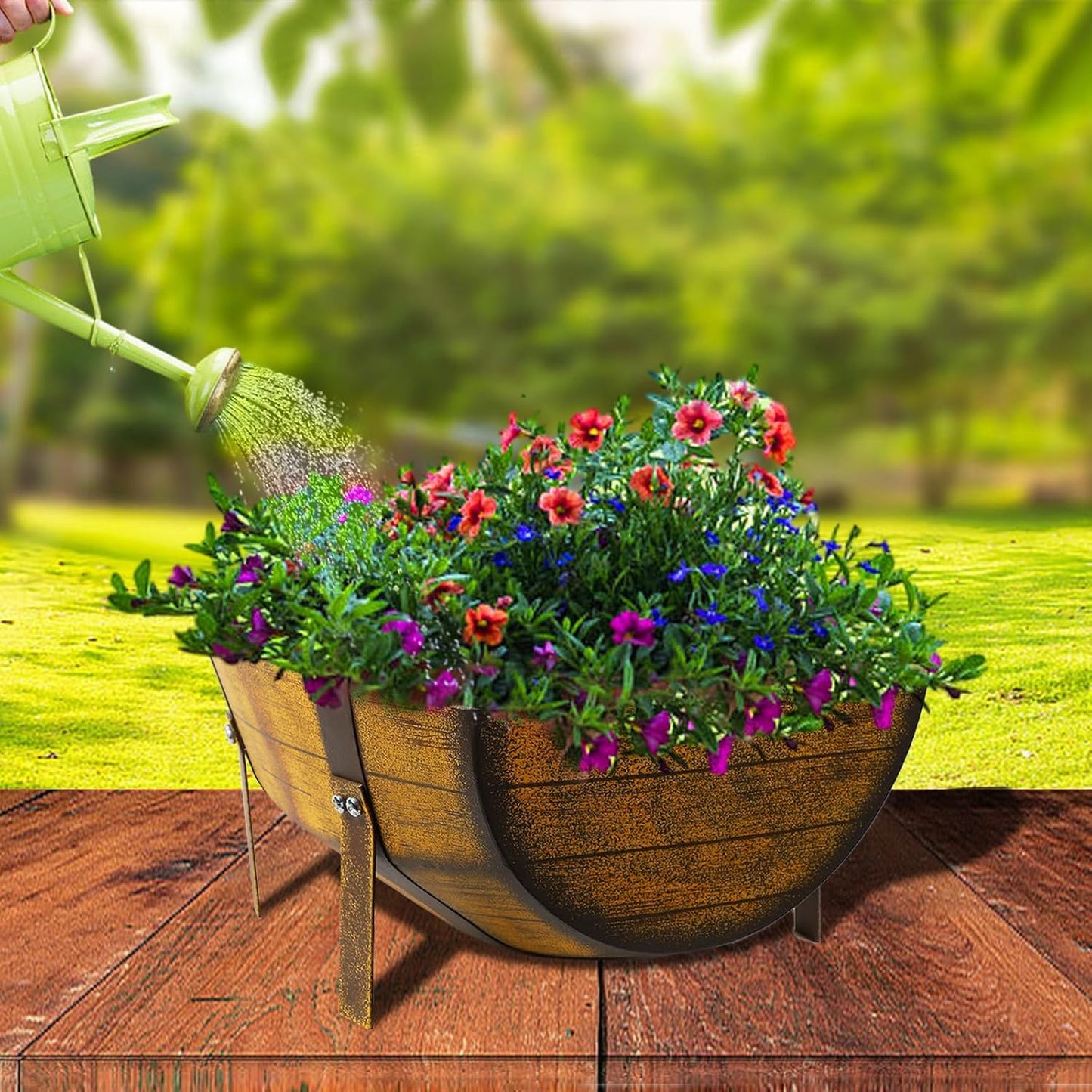 15.43In 2 Pack Rustic Barrel Planters, Decorative Outdoor Garden Backyard Planter with Legs, Metal Flower Pot Half Barrel Planter Box, Brown