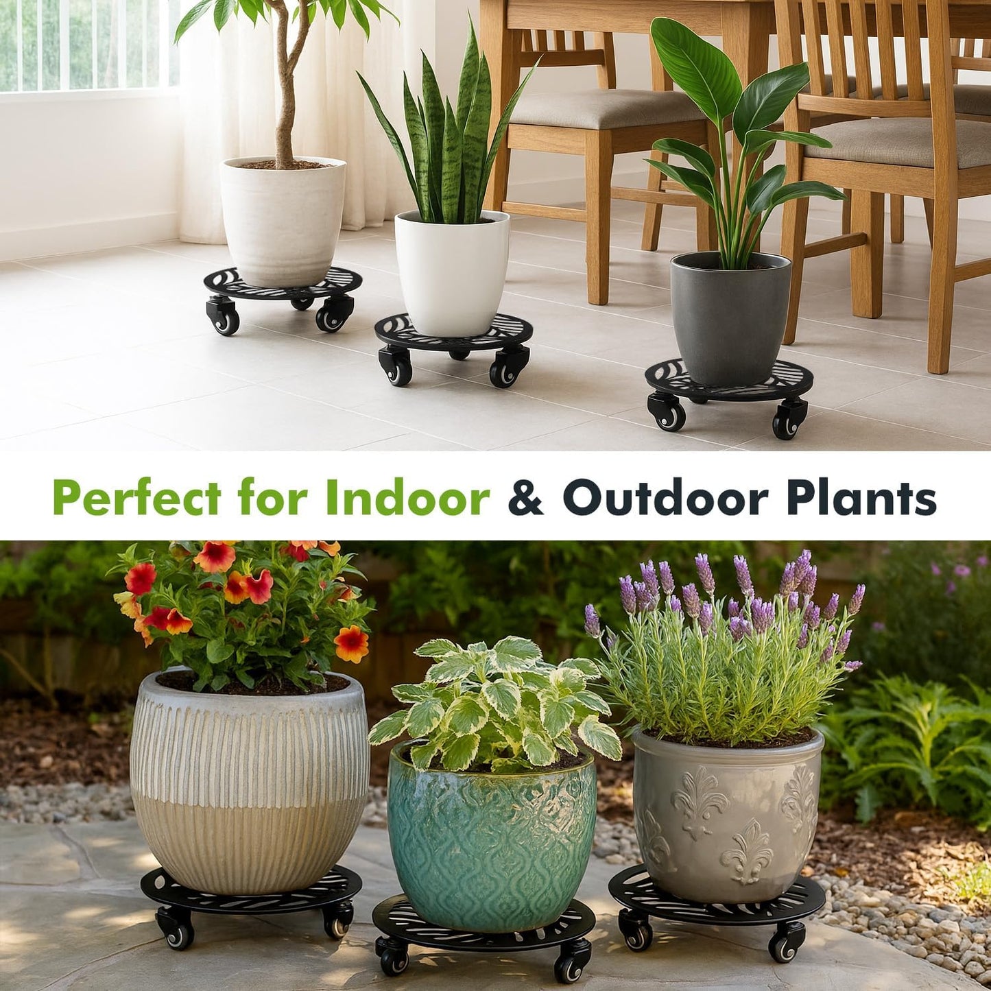 2 Packs Metal Plant Caddy with Wheels 13” Heavy-duty Wrought Iron Rolling Plant Stands with Casters Indoor and Outdoor Plant Pot Roller Base Plant Saucer Movers Black, Strong Load Capacity