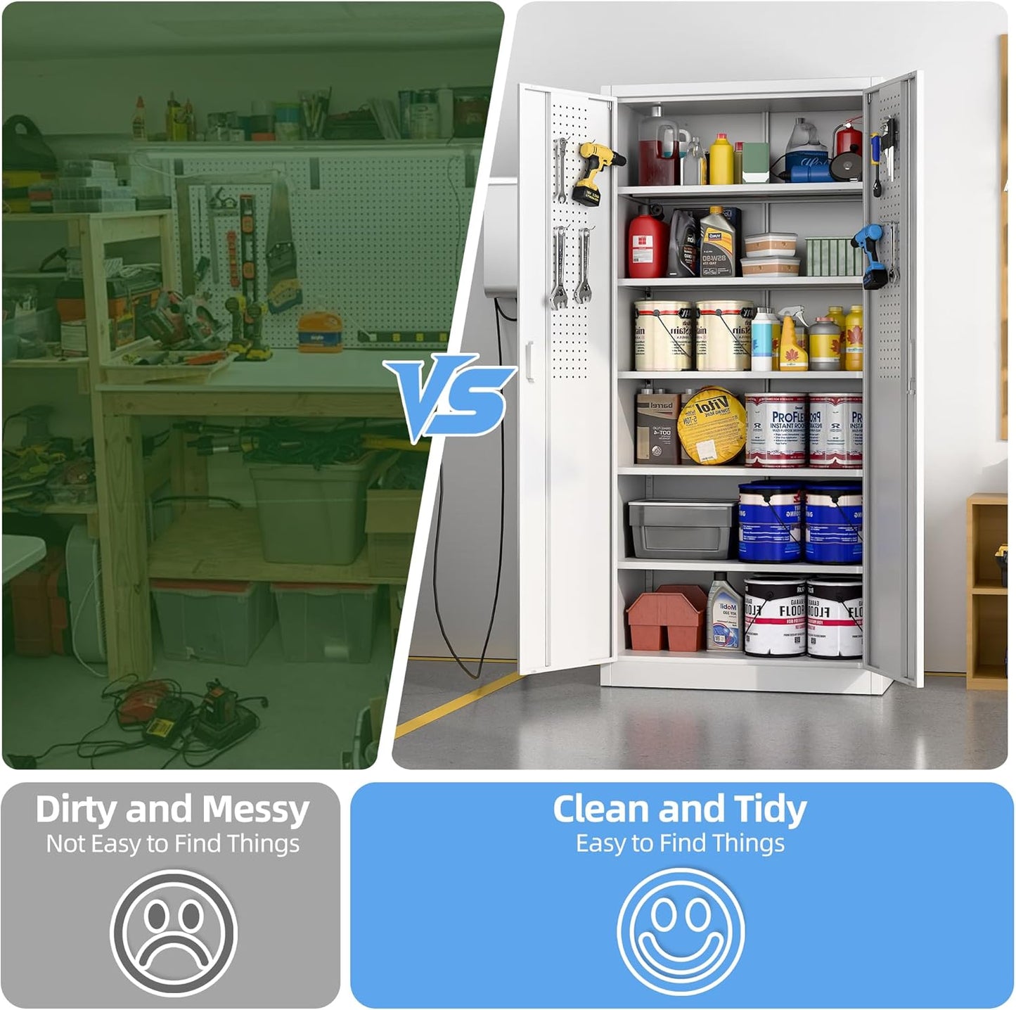 71"H×34"W×18"D Metal Garage Storage Cabinet with Lock and Pegboard, Steel Lockable File Cabinet with 2 Doors and 5 Adjustable Shelves for Office,Home,Garage, Storage, Assembly Required, White