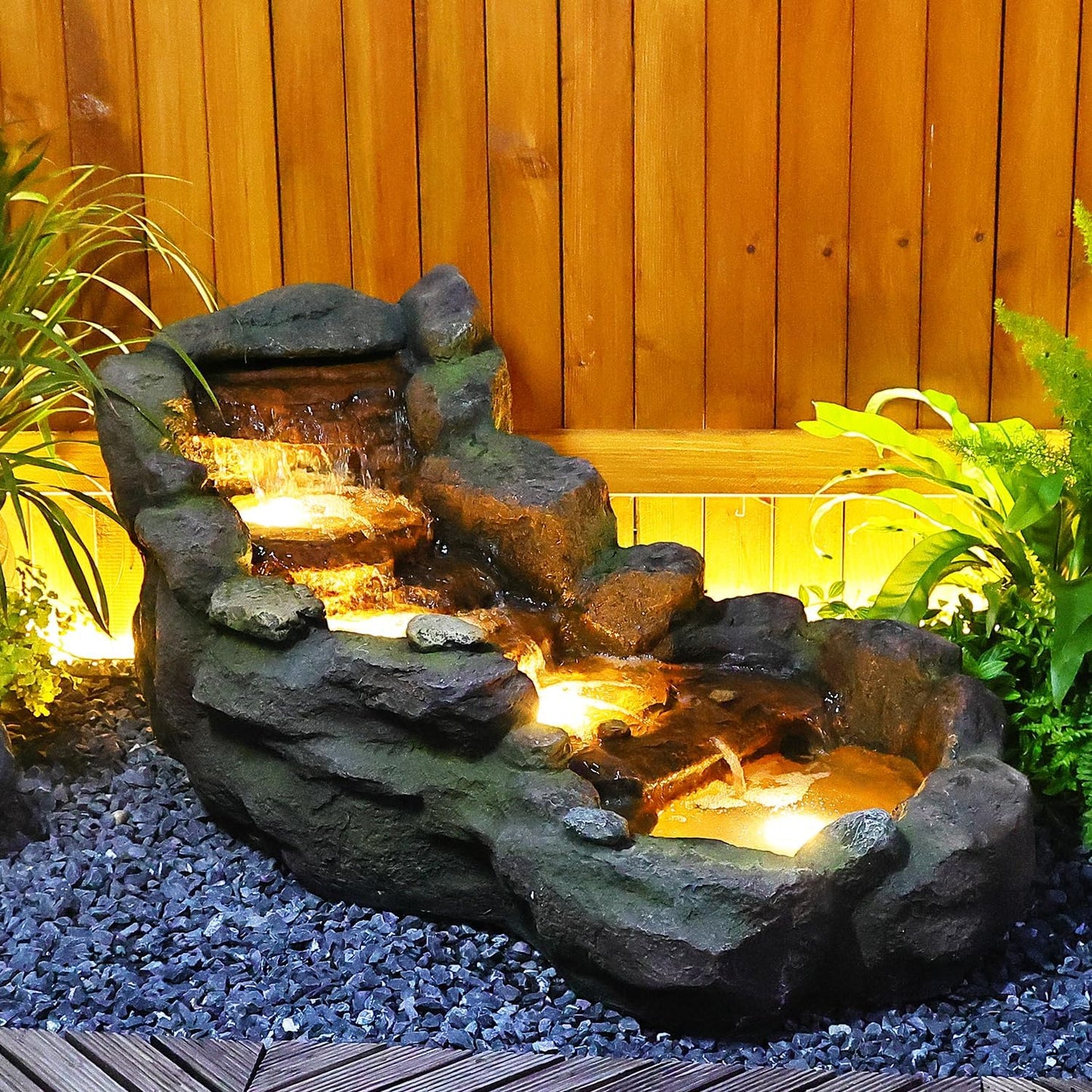 42.1" L Garden Water Fountain Outdoor, Floor Standing Mutiply Tiered Rock Outdoor Fountains with LED Lights and Pumps for Garden, Backyard, Porch, Patio and Home Art Decor