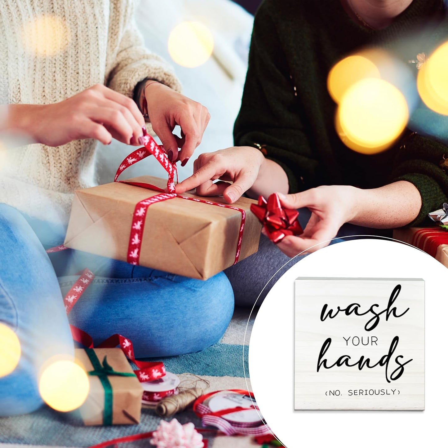 Wash Your Hands No Seriously Wooden Sign - Funny White Block Plaque Desk Decoration-5x5 inches Rustic Wood Block Gifts For Friends Family Coworkers-Restroom Bathroom Tabletop Favors & Supplies-A05