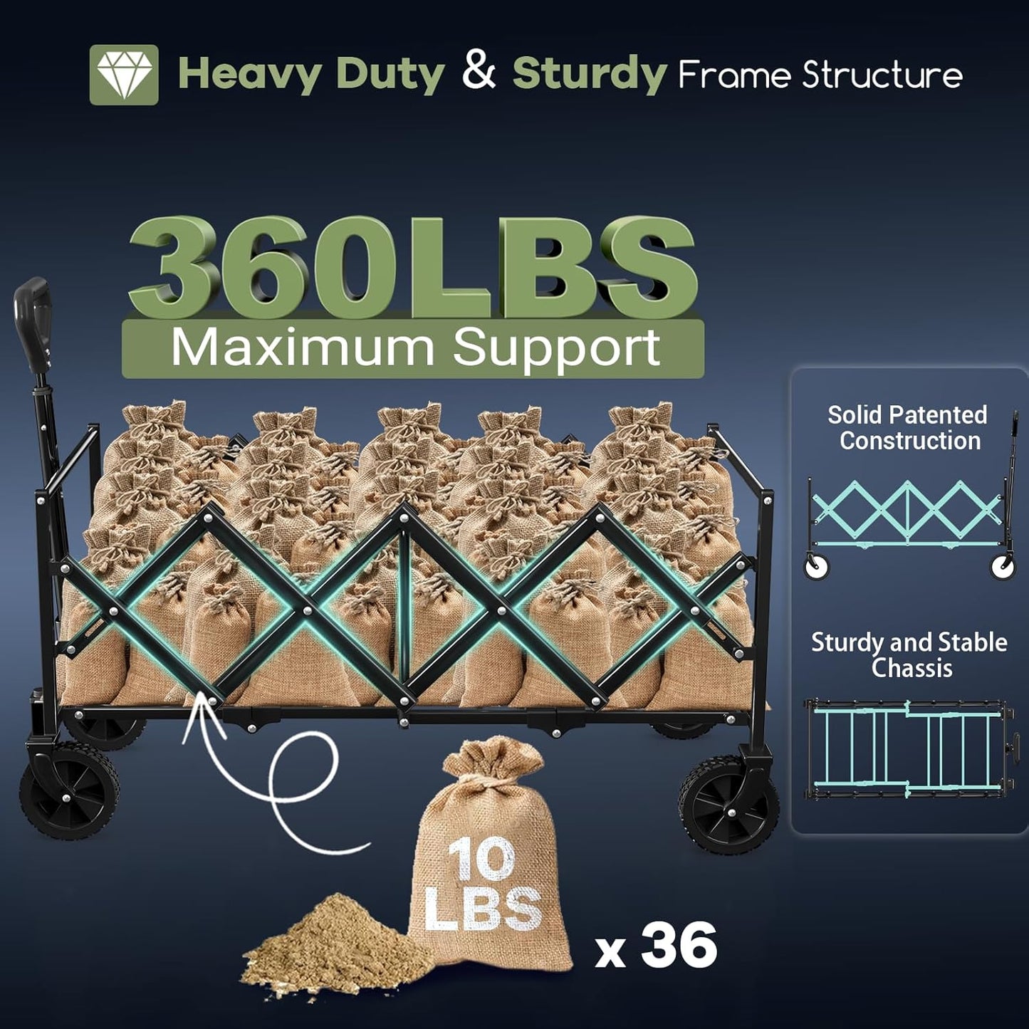 34'' Extra Long Collapsible Wagons Carts Foldable, 360LBS Heavy Duty Folding Beach Wagon with Wheels, Portable Utility Outdoor Cart for Grocery, Garden, Sports, Camping, Blue & Grey