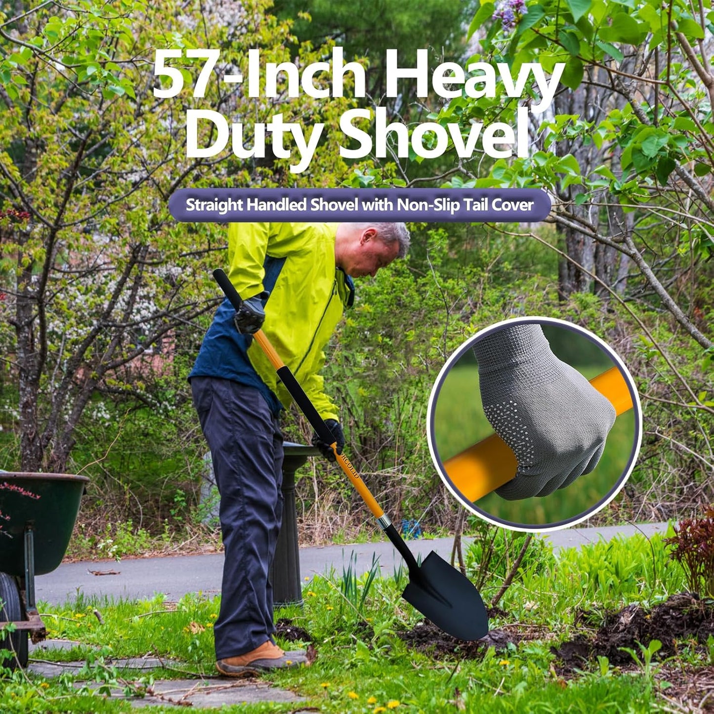 Shovel for Digging, Heavy Duty 57 inch Straight Handled Round Shovel with Non-Slip Tail Cover, Lawn and Yard Tools, Fiberglass Handle(Orange)