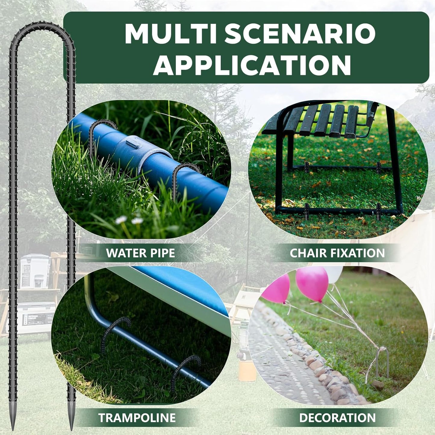 10 PCS Trampoline Stakes Anchors High Wind Heavy Duty,U Shaped Garden Hooks Stakes for Ground,Trampoline Tie Downs Anchor Kit,Bounce Horseshoe House Stake,Rebar Camping Tent Stakes,16 Inch Long Black