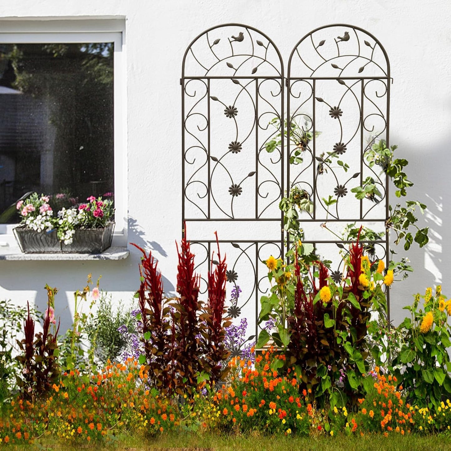 4 Pack Metal Garden Trellis 86.7" Tall Outdoor Climbing Plant Support for Roses, Flowers, Rustproof Durable Brown Galvanized Tube, Lawn Garden Fence Decor Screen (4, Retro-86.7" H)