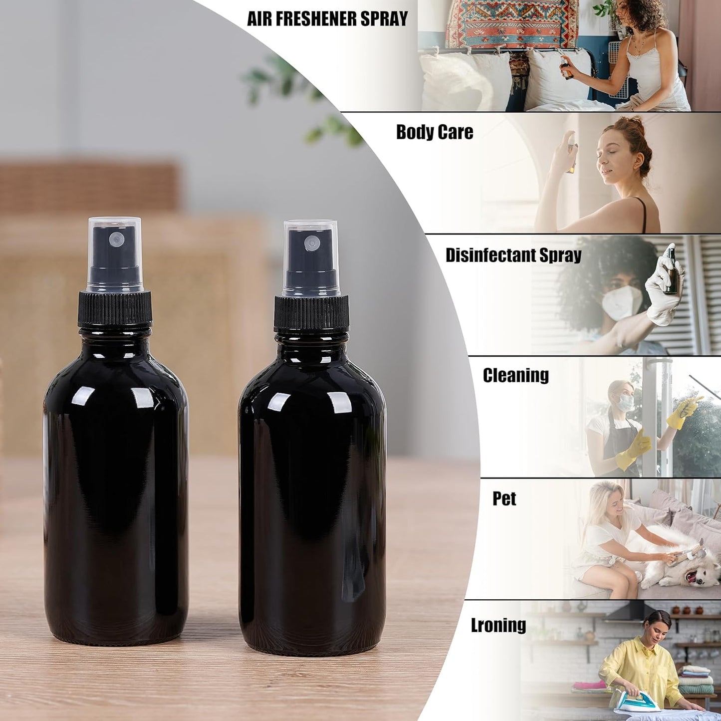 2 oz Glass Spray Bottles, Reusable Fine Mist Sprayer Small Spray Bottle, Leak-Proof Design, Perfect for Travel, Skin Care, Perfumes, Botanical, Cleansing (Black, 2oz-48pcs)