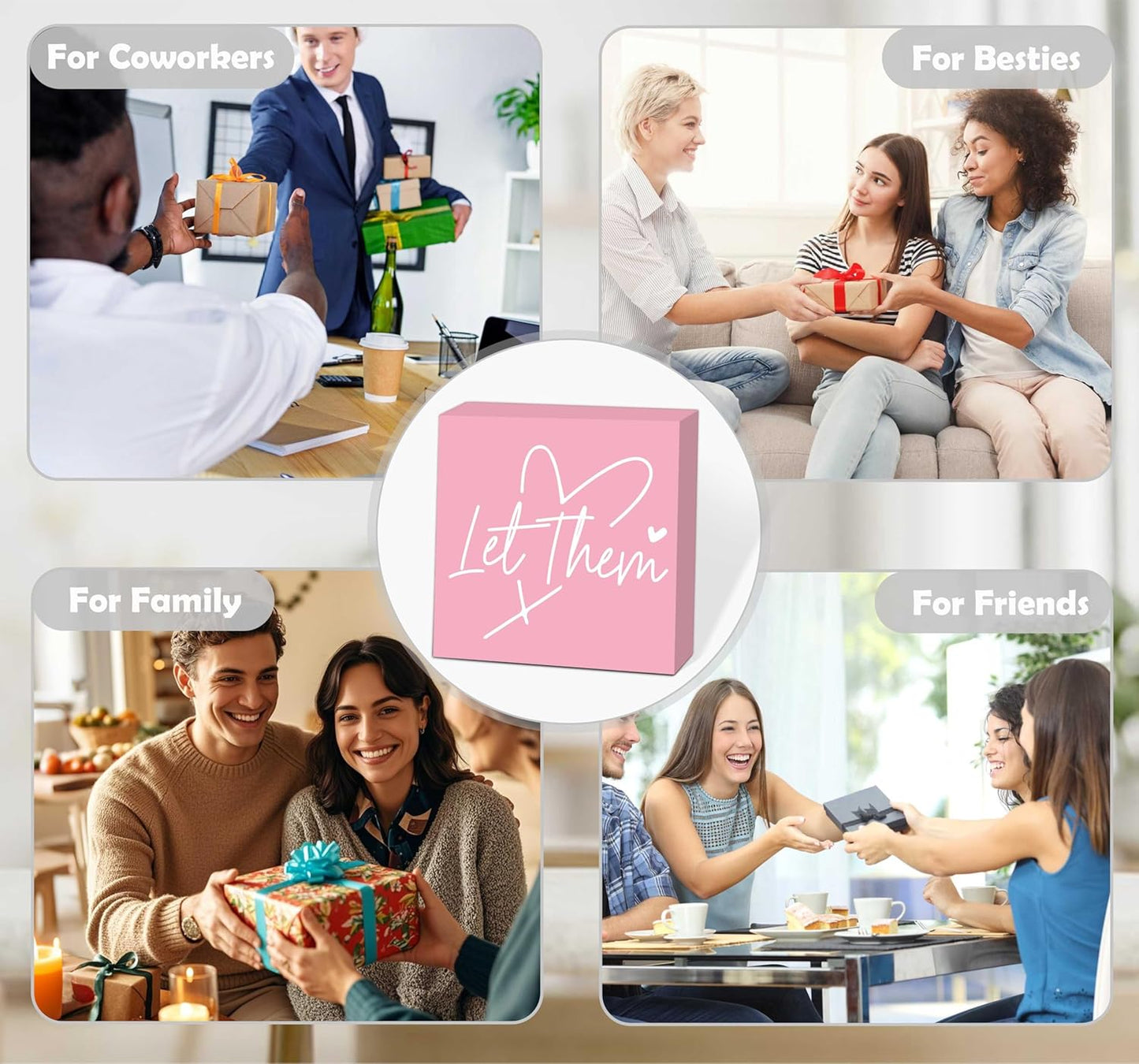 Let Them Wooden Sign, Pink Office Decorations for Work, Let Them Mental Health Rustic Wood Box Signs 5x5 Inch, Desk Shelf Tabletop Decor for Home Cubicle Decor, Office Gifts for Coworkers Women, 19