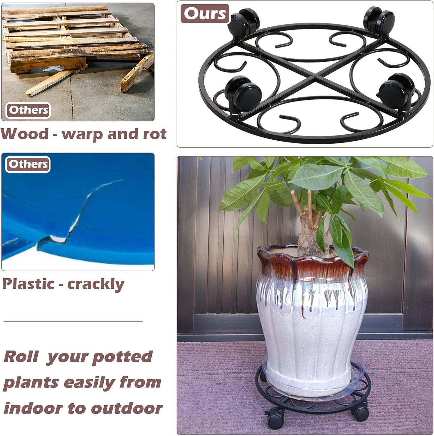 3 Packs 13.5" Metal Plant Caddy with Wheels Large Rolling Plant Stands Indoor Wheeled Plant Dolly Heavy-duty Planter Mover Roller Base Outdoor Plant Trolley Cart Water-proof, Plant Saucers on Wheels