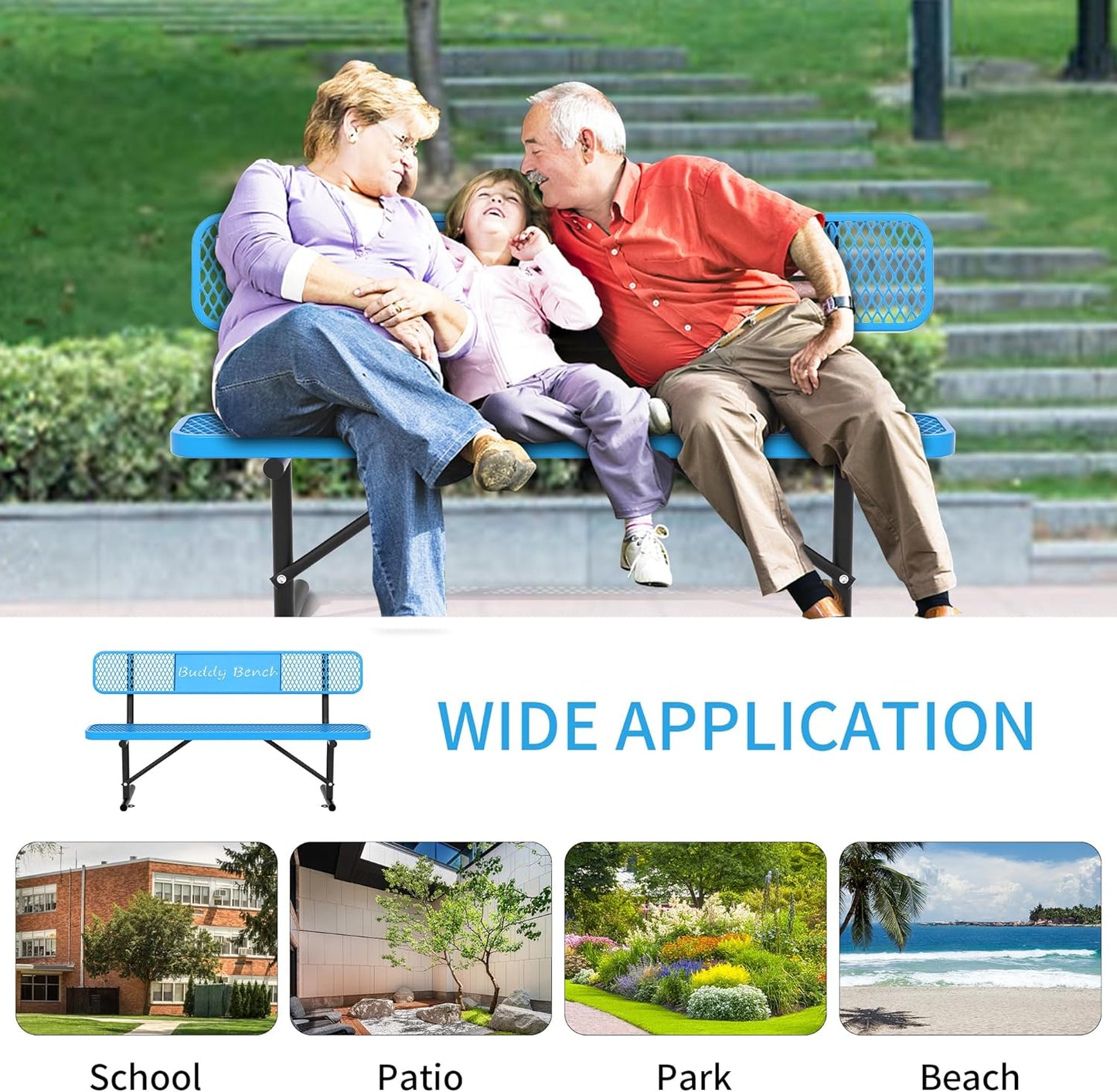 6 Feet Steel Park Bench for Outside, Outdoor Bench with Backrest & Portable Frame, Commercial Benches for Parks, School, Patio, Deck, Store,Blue