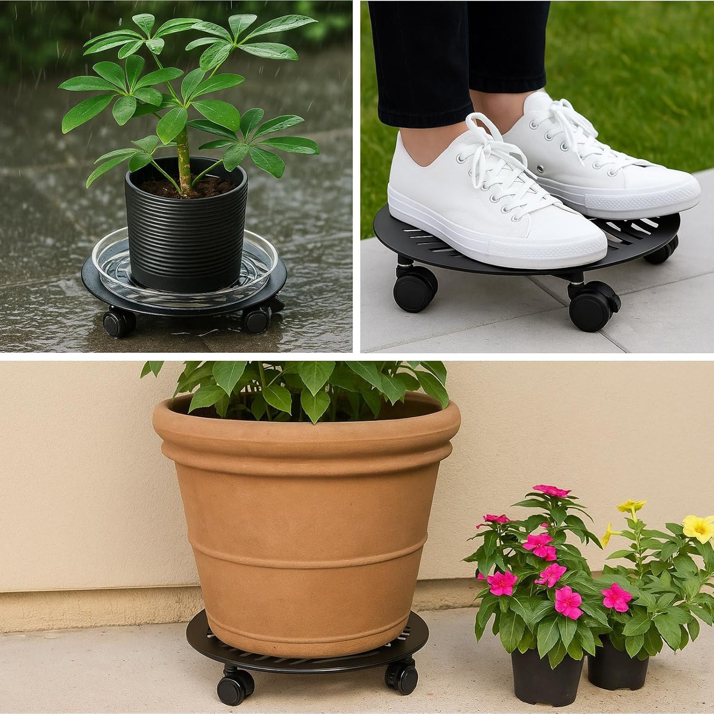 4 Packs Large Metal Plant Caddy with PU Wheels 13" Heav-duty Wroght Iron Rolling Plant Stands Indoor Outdoor Wheeled Plant Dolly Planter Mover Rollers Plant Trolley Cart, Plant Saucers Included