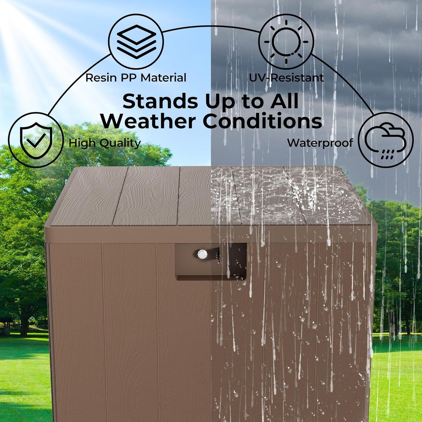 28Gallon Brown Resin Deck Box, Outdoor Storage Box Waterproof Lockable, Patio Square Deck Box For Package Delivery, Outside Storage Box Container for Furniture Cushions, Garden Tools, Pool Accessories