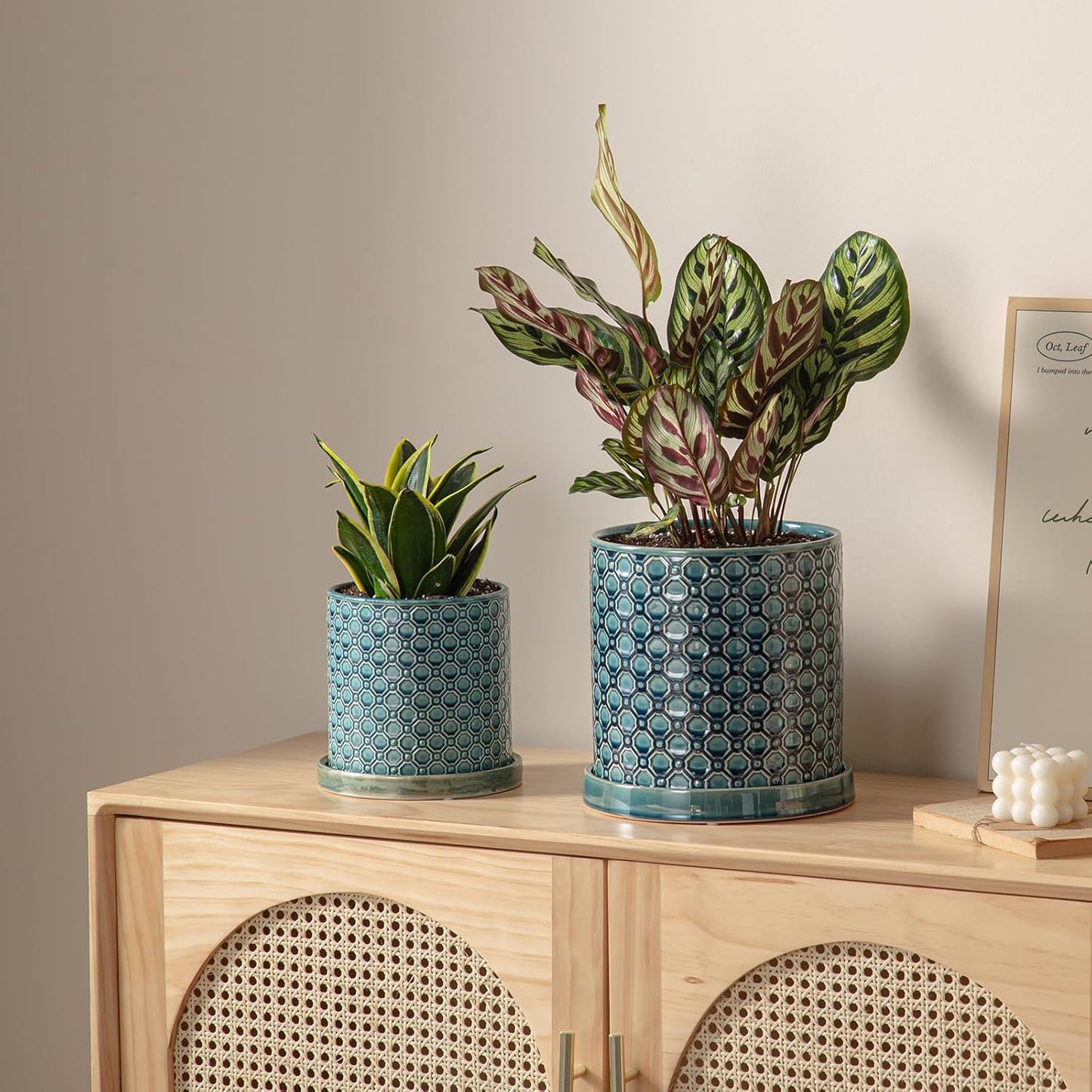 6 Inch Plant Pot: Ceramic Planter with Drainage Hole & Saucer Indoor Outdoor Plants - Cylinder Round Flower Pot for Home Office - Modern Decorative - Small Blue