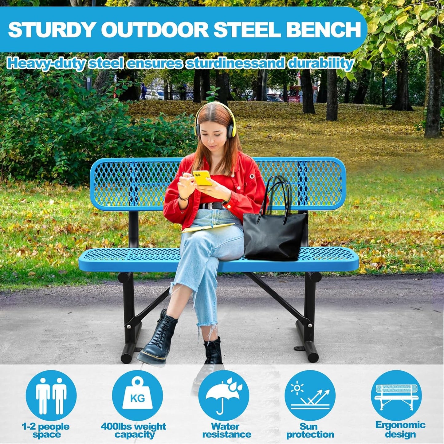 4Ft Outdoor Bench with Blue Portable Frame, Outdoor Steel Park Bench with Backrest, Expanded Metal Mesh Bench for Outside, Lawn, Backyard, Park, Deck, Garden, Patio, Porch, Blue