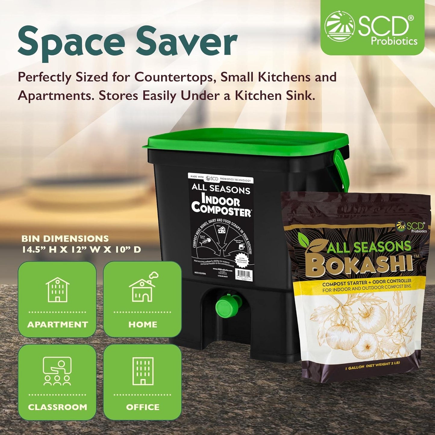 All Seasons Indoor Composter Starter Kit – 4.4 Gallon Black Organko Compost Bin for Kitchen Countertop with Scoop, Cup, Presser & 2 lbs. (1 Gallon) of Bokashi, 77% Recycled Plastic by SCD Probiotics
