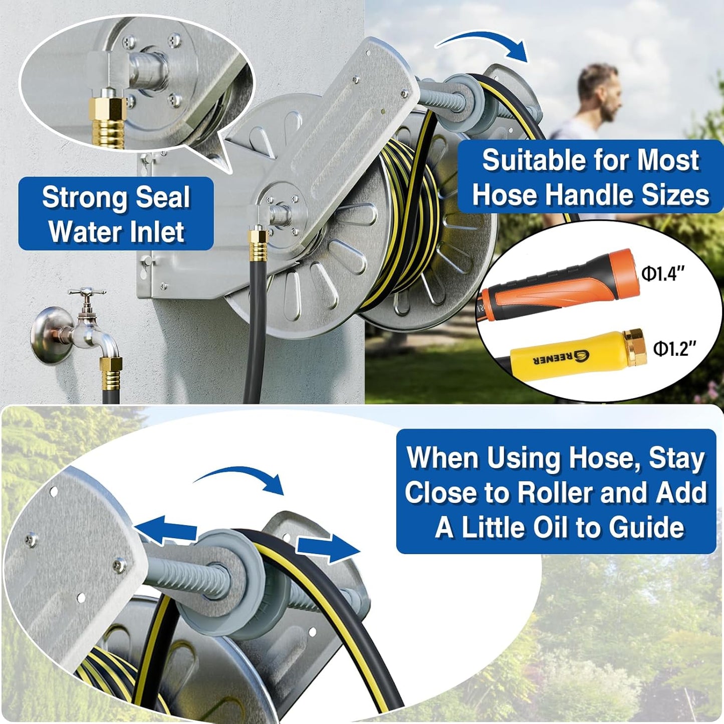 GREENER Stainless Steel Hose Reel for Outside,Wall Mount Garden Hose Holder Heavy Duty Metal Reel, 3/4" Solid Connector with 5/8" Inlet Hose and Crank,100-Feet 5/8" Hose Capacity
