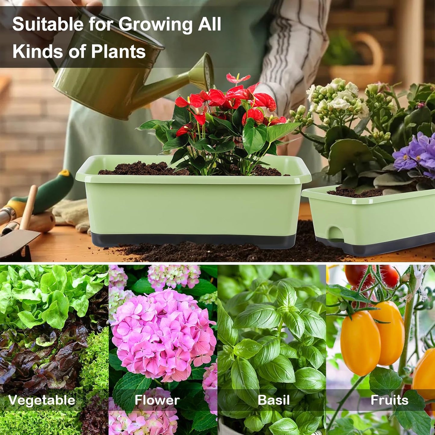 Window Box Planter 6 Pcs, 17 Inches Rectangle Flower Pots with Drainage Holes and Trays, Vegetable Planters for Windowsill Patio Garden Balcony Home Indoor Outdoor (Light Green, 18*10*6 inch)