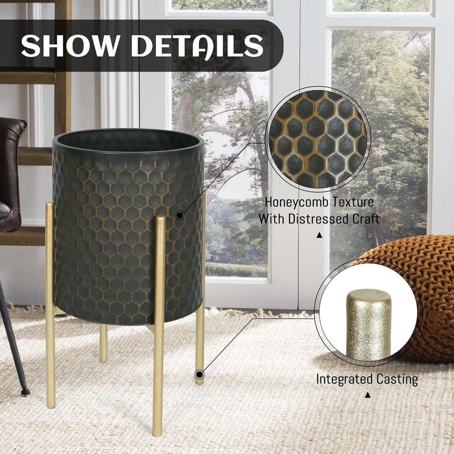 Oakrain Mid Century Planters for Indoor Plants, Set of 2, Modern Decorative Metal Pots for Living Room, Office, Garden or Balcony, Black&Golden Honeycomb, 10inch&12inch