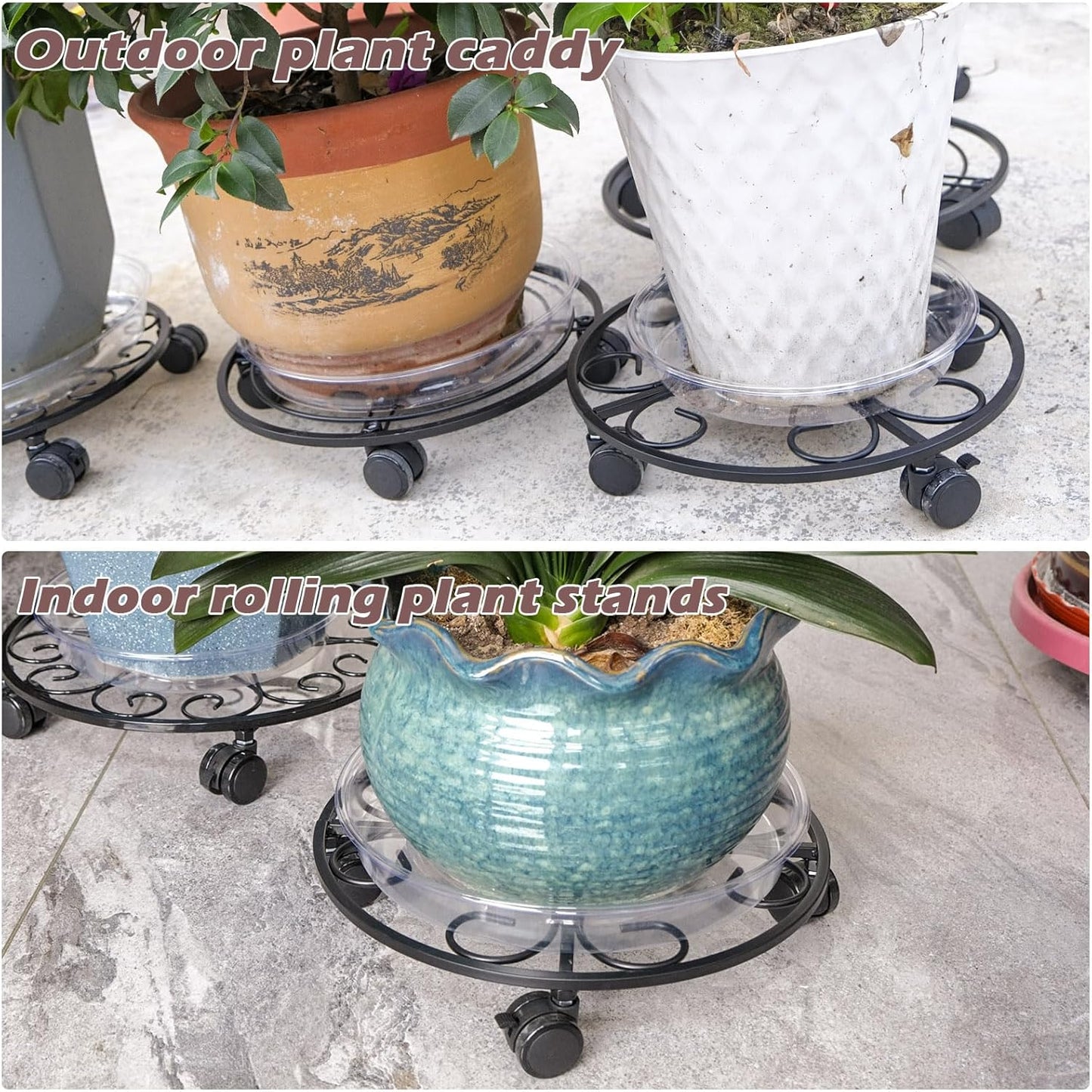 12" Metal Plant Caddy with Wheels 5 Packs Rolling Plant Stands Indoor Wheeled Plant Dolly Heavy-duty Pot Mover Roller Base Outdoor Plant Trolley Cart with Brake Casters Water-proof Dust-proof, Black