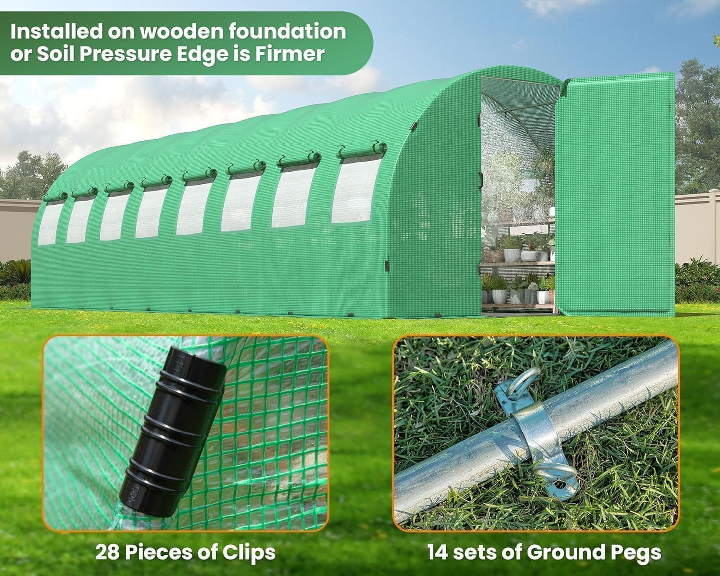 HOWE 26x10x7FT Heavy Duty Tunnel Greenhouse Kit with Watering System, Upgraded Swing Door Outdoors Greenhouse with Galvanized Steel Frame Film Clips & Ground Pegs, Green