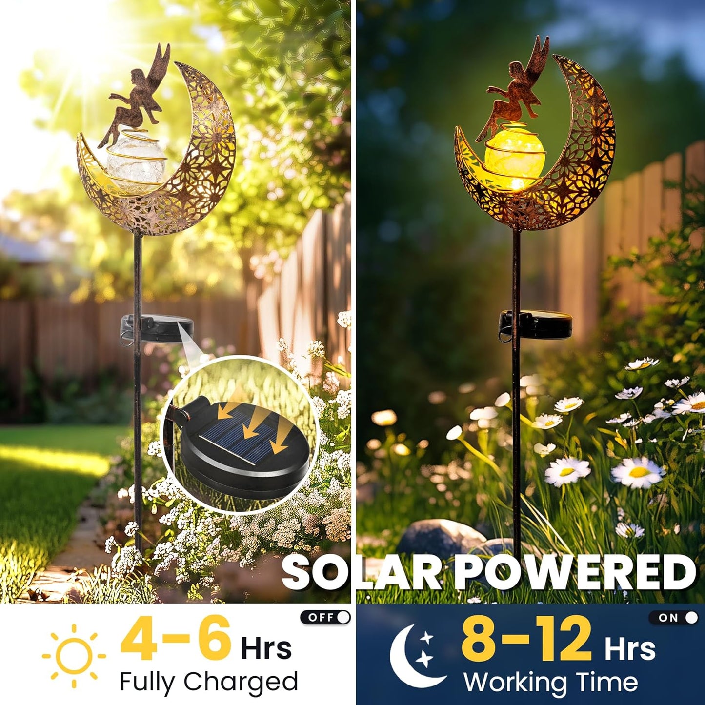 Fairy Garden Solar Lights Outdoor Moon Stakes, Waterproof Outdoor Metal Decor Gifts for Women Mom, Art Moon Sculpture for Yard, Patio, Garden, Porch, 1 Pack