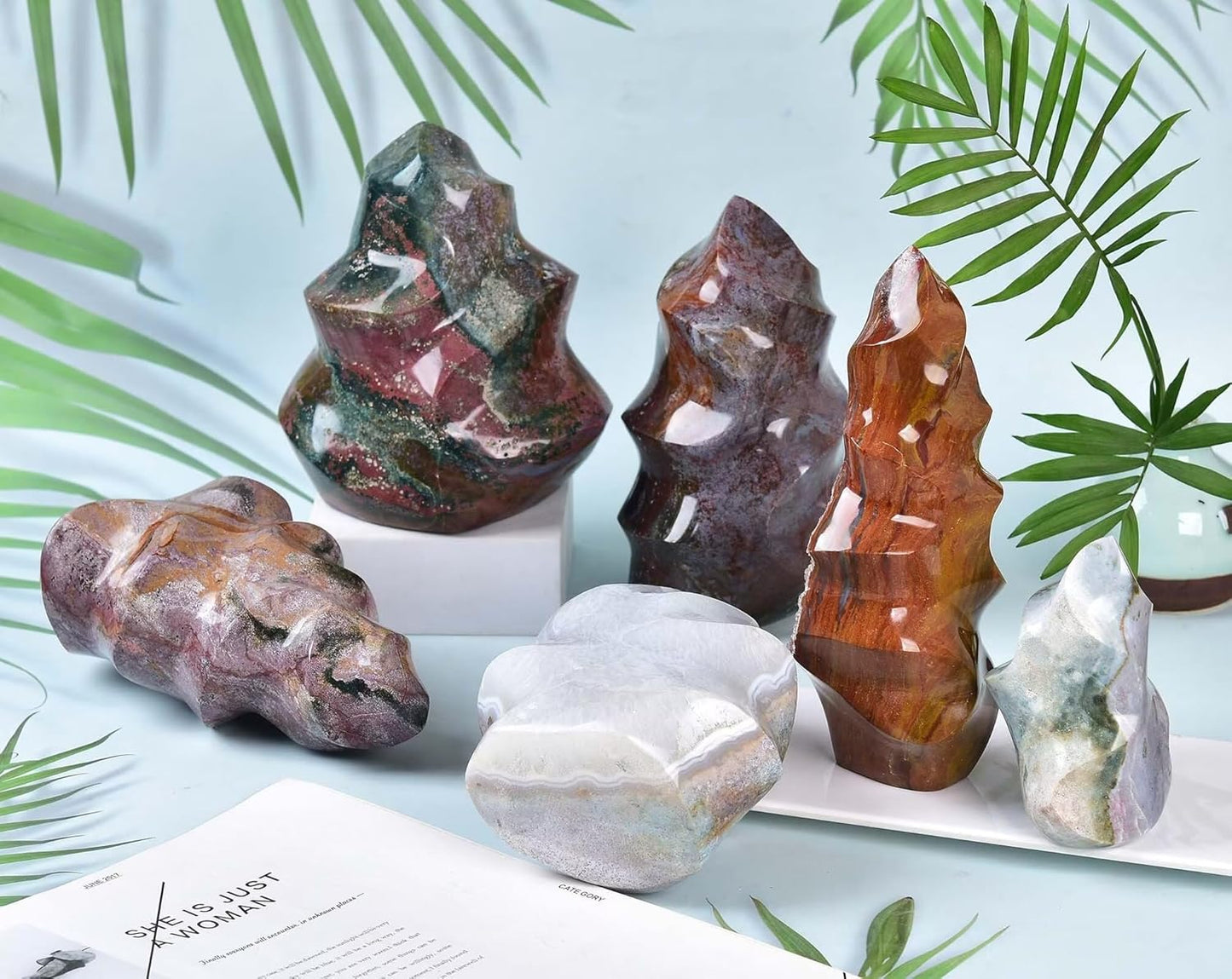 AMOYSTONE Ocean Jasper Flame Shaped Stone Towers Obelisk Natural Healing Crystal Quartz Reiki Energy Decoration Home Office Decor 0.6-1.0LBS