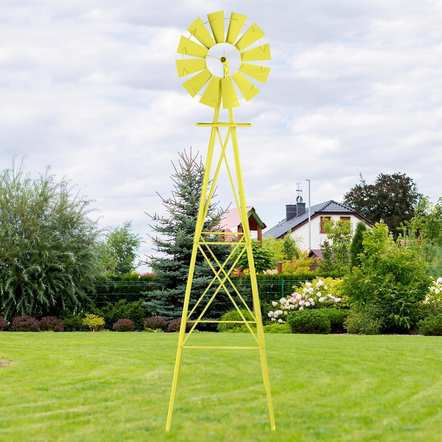 8ft Garden Windmill, Heavy Duty Metal Weather Vane for Backyard, Ornamental Windmill for Yard Weather Resistant (Yellow, 8FT)
