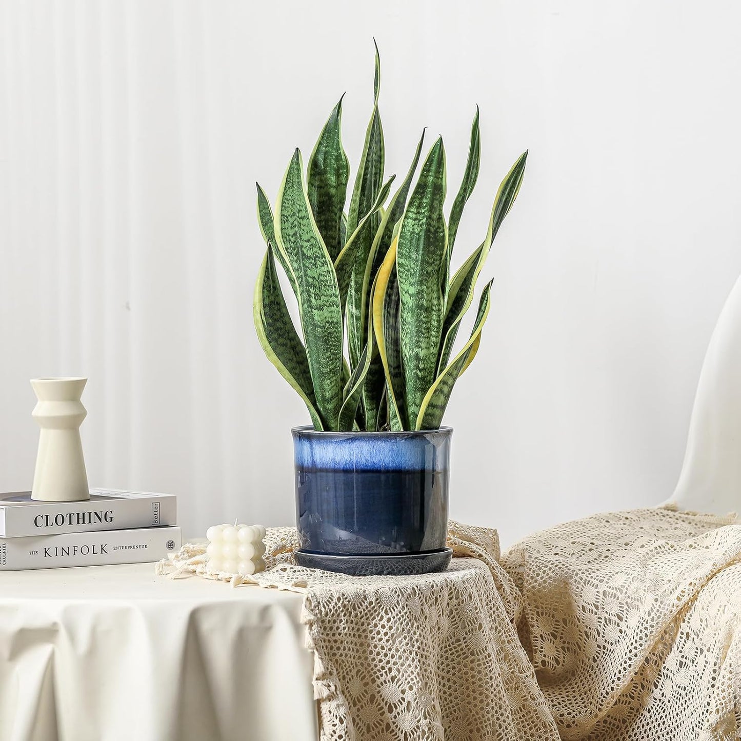 8 Inch Plant Pot: Ceramic Planter with Drainage Hole & Saucer - Gradient Blue Flowerpot for Indoor & Outdoor Plants with Separate Tray