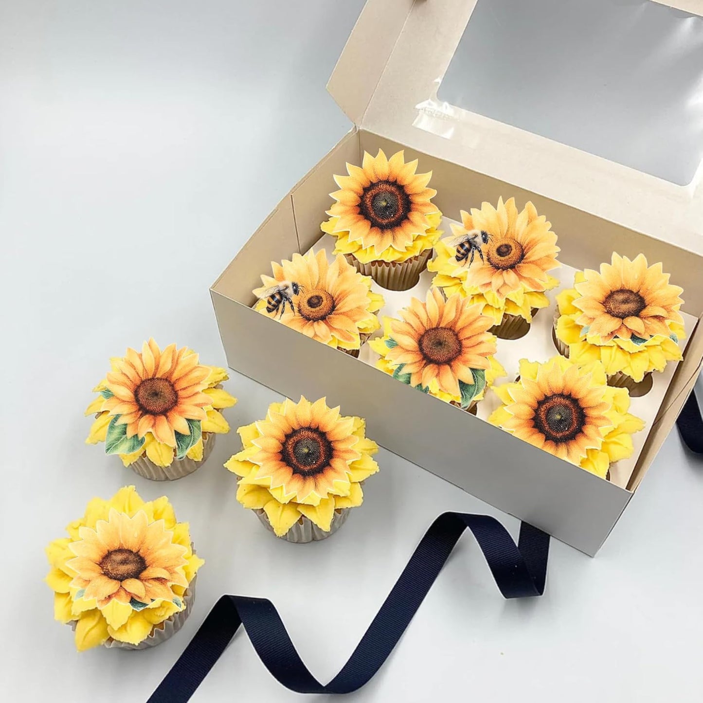 60 PCS Edible Sunflower Cupcake Toppers Wafer Paper Sunflower Cupcake Picks Edible Flower Party Decorations for Baby Shower Sunflowers Birthday Party Cake Toppers Food Decorations Supplies