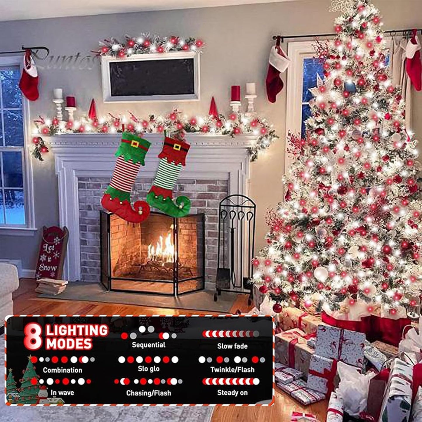 YEGUO Solar Fairy Lights Outdoor Waterproof, 4 Pack Each 33ft 100 LED String Lights, 8 Modes Silver Wire Solar Outdoor Lights (Red and White)