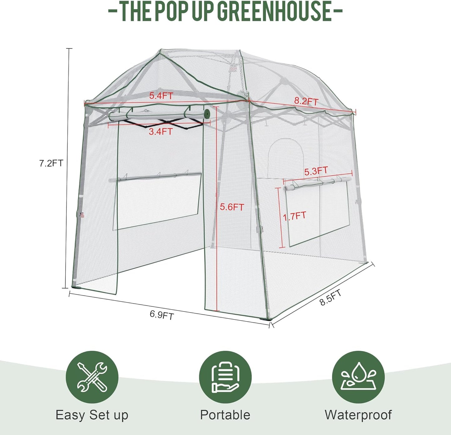 8.5 x 7 FT Walk-in Greenhouse, Portable Pop-up Green House 3 Adjustable Hights Heavy Duty Plant Gardening Canopy with Durable PE Cover for Indoor Outdoor (Clear and White)