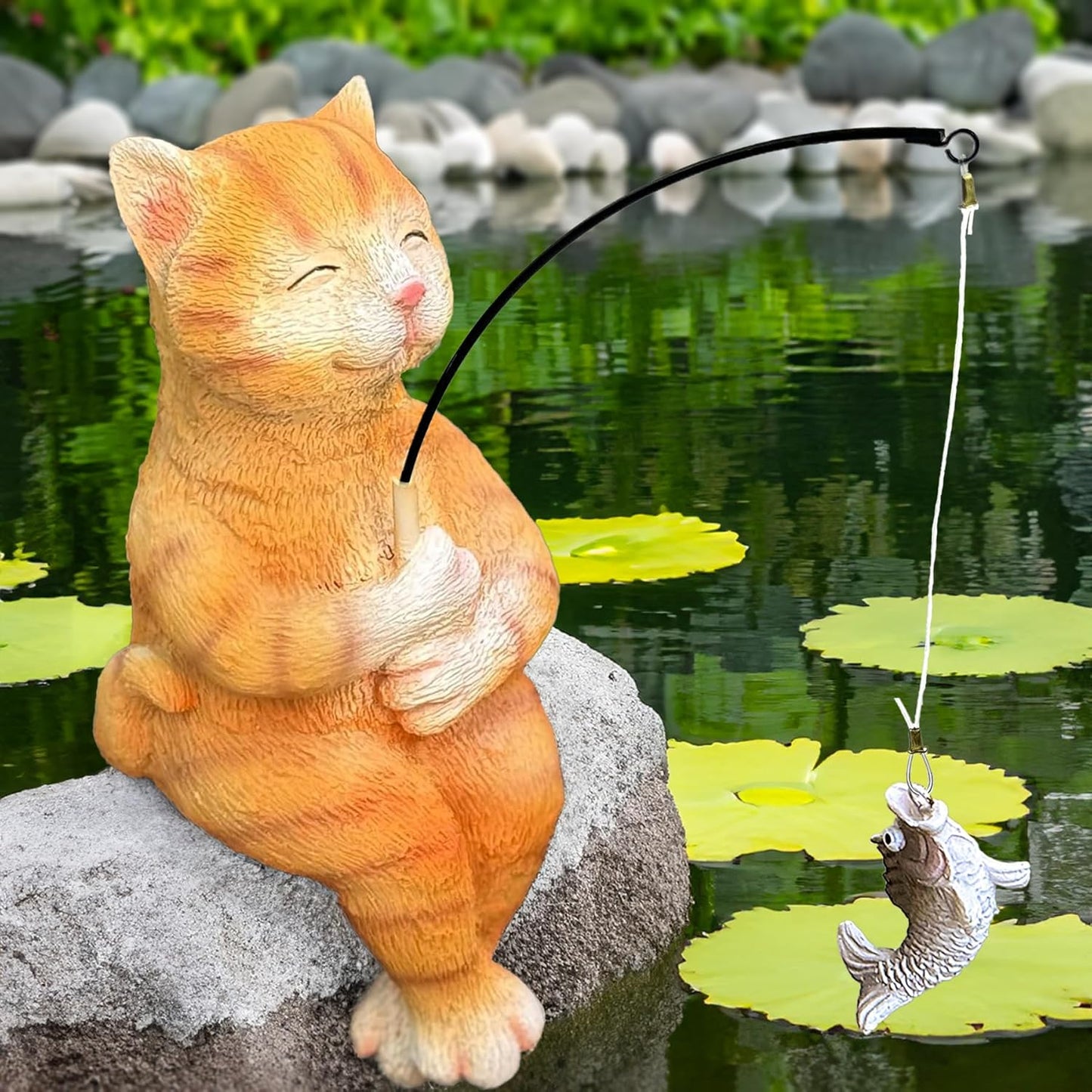 9.5“ Cat Fishing Garden Sculptures & Statues, Stone Look Fishing, Whimsical Lawn Yard Art, Funny Garden Pond Fisherman, Resin Animal Decor, Cat Lover Ornament, Cute Outdoor Statue