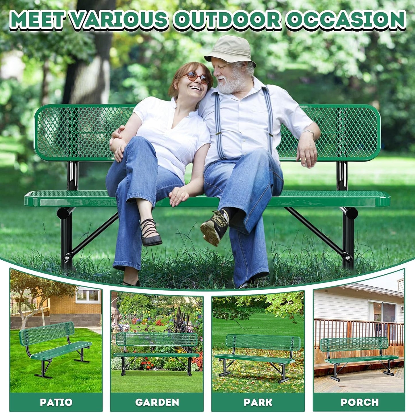 6Ft Heavy Duty Park Bench with Back Portable Frame, Outdoor Steel Bench with Backrest, Expanded Metal Mesh Bench for Lawn, Park, Deck, Garden, Patio, Porch, Green