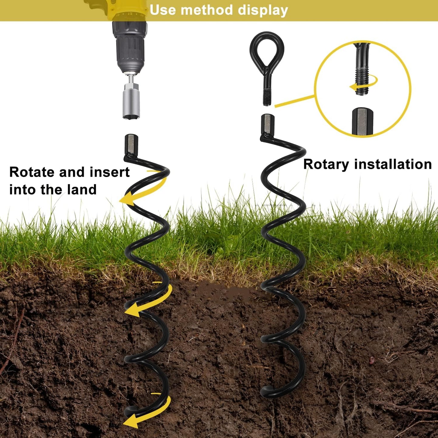 16.3 Inch Spiral Ground Anchor Stake High Durable Earth Anchor Kit for Tents, Trampolines, Garden Fencing, Sheds, Swings, and Dog Tie Out Stake (Black 4 Pack)