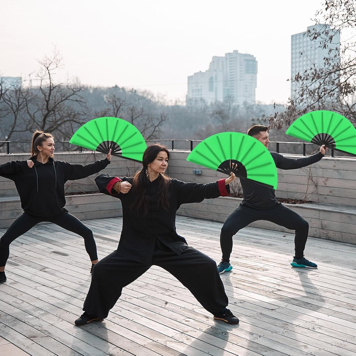 Maitys 4 Packs Large Clap Fans for Line Dancing Large Chinese Folding Hand Fans for Men and Women, Festival, Tai Ji, Kungfu, Martial Art, Gifts (Green)