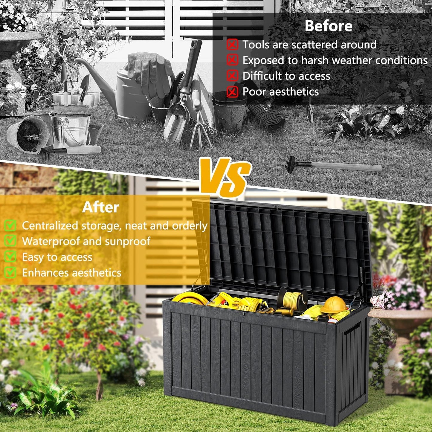 270 Gallon Deck Box, Resin Outdoor Indoor Waterproof Storage Box, Lockable Storage Box With Handle for Patio Furniture - Garden Tools - Swimming Pool Tools UV-Resistant - Black