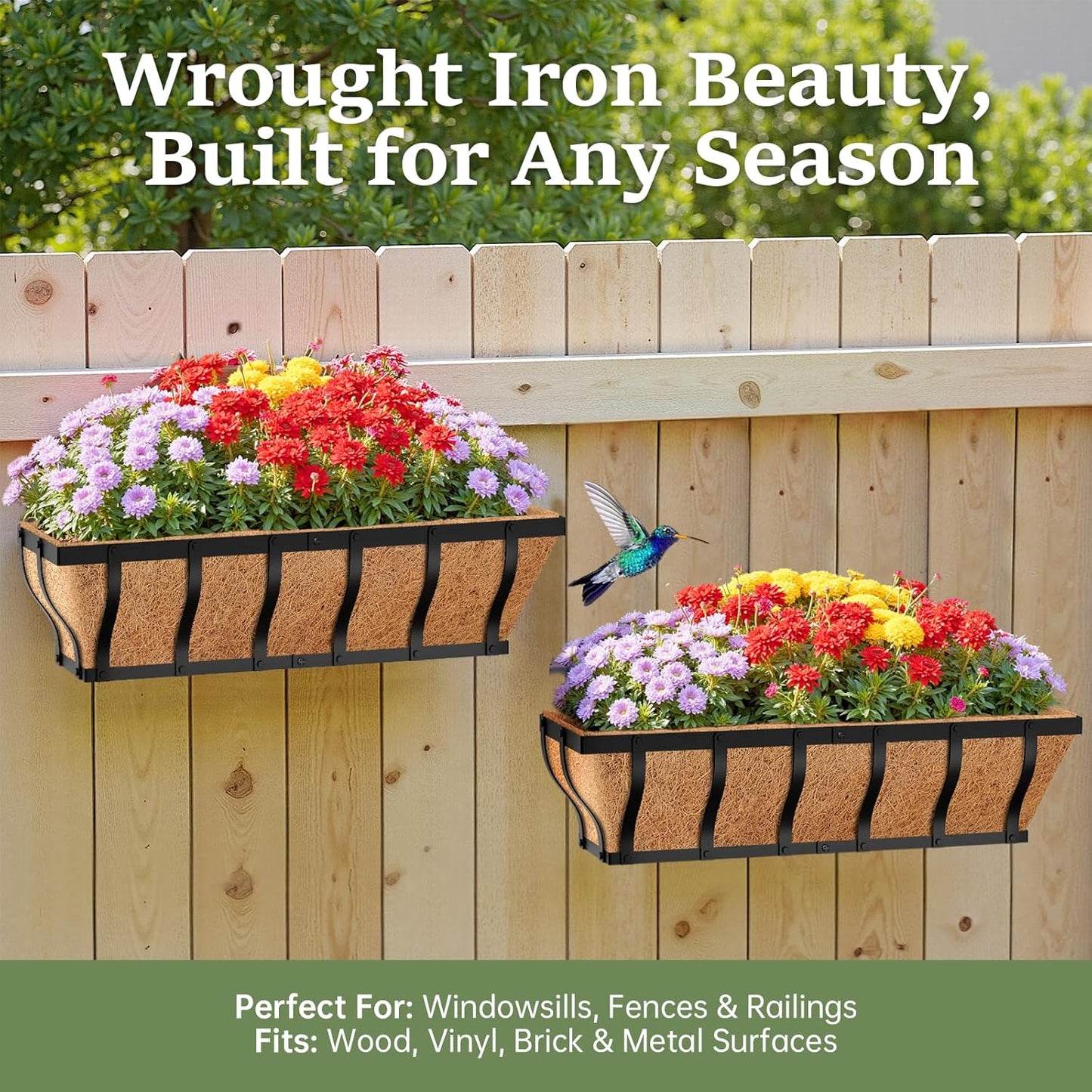 Railing Planter Boxes, Heavy Duty Wall-Mounted Window Box Planters with Coco Liner, Outdoor Window Flower Boxes for Windowsill, Deck, Porch, Balcony, and Patio Gardening (2 Pack, 24 Inch)