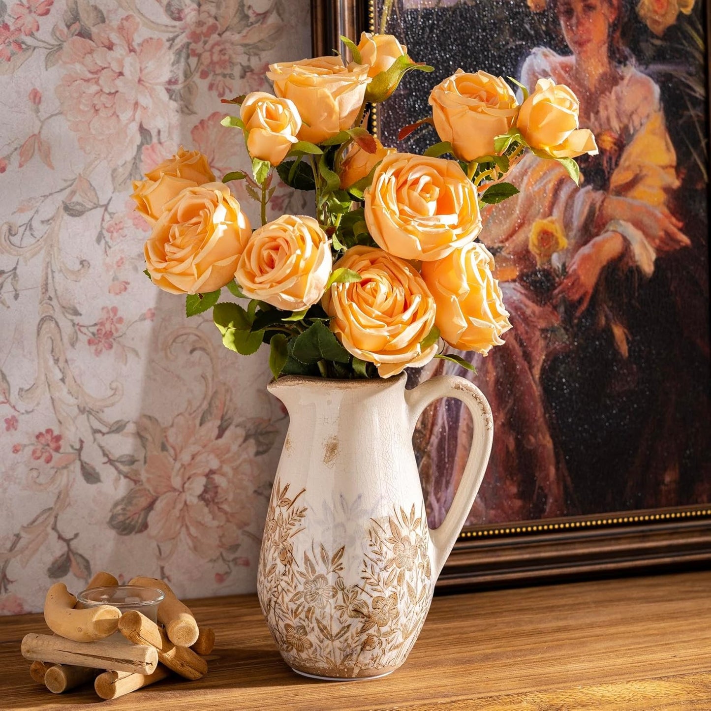 Purple and Borwn Floral Vintage Vase with Handle, French Country Floral Pitcher Vase, Rustic Ceramic Farmhouse Vases for Home Decor, Living Room, Bookshelf, Grand Millennial Tuscan Decor 8.7 in