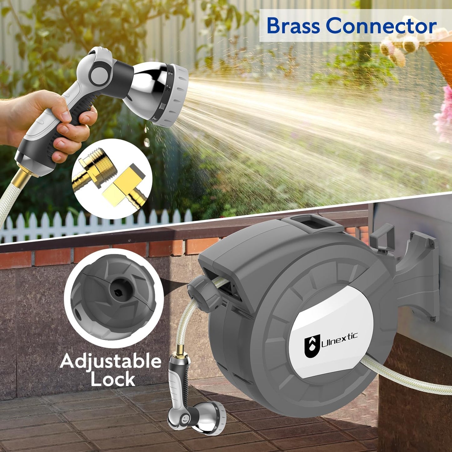 Retractable Garden Hose Reel, 1/2 in x 100 ft Wall Mounted Hose Reel, 10-Pattern Spray Nozzle, Any Length Lock/Slow Return System/Wall Mounted/180°Swivel Bracket