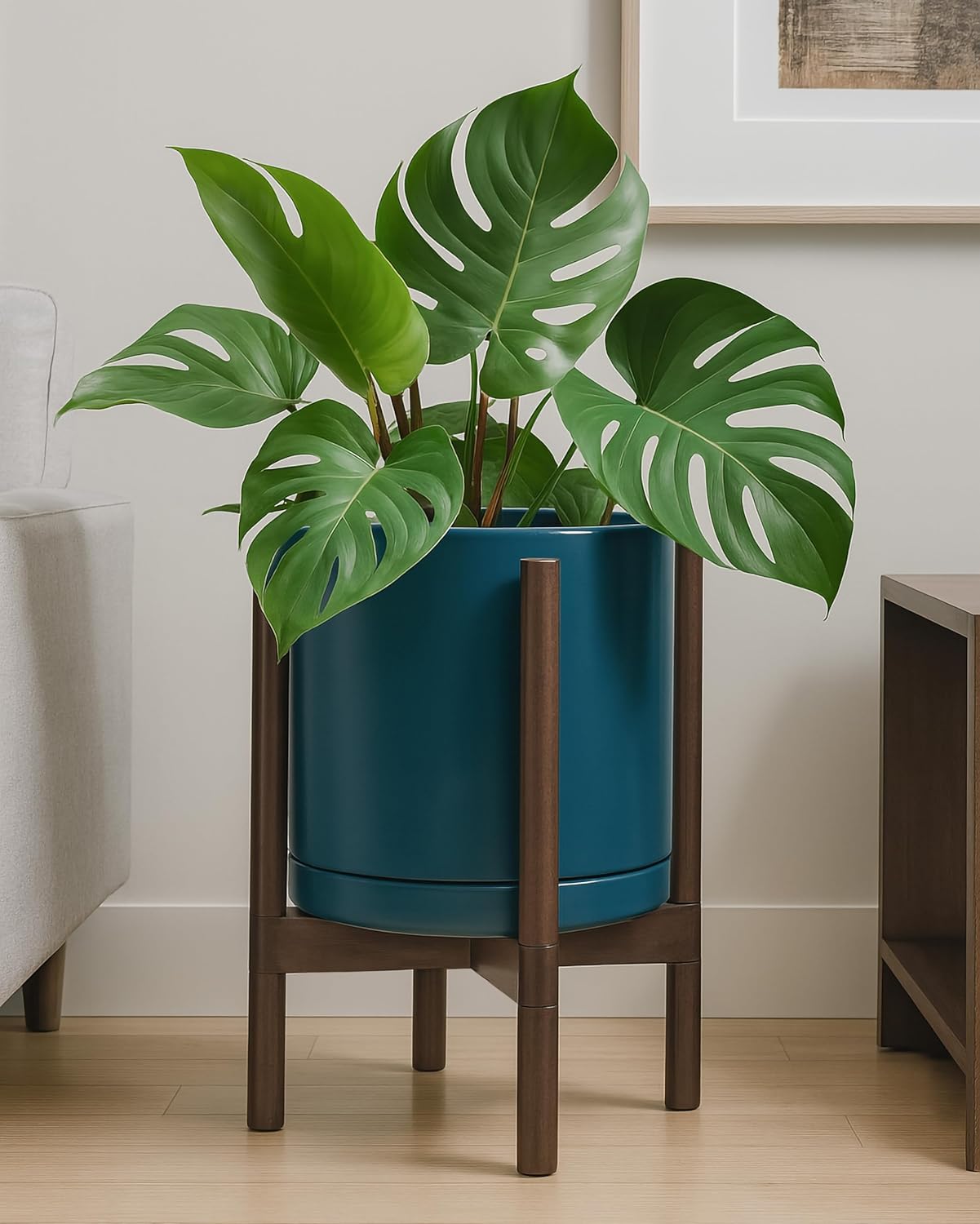 D'vine Dev Ceramic Planter with Walnut Color Stand - 12 Inch Modern Round Flower Pot with Wood Planter Holder, Teal, 55-B-W-4