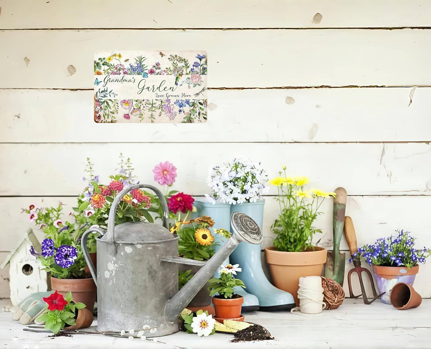 Bestylez Gardening Gifts Vintage Gardening Signs Grandma‘s Garden Love Grows Here Tin Sign for Home Garden Greenhouse Living Room Bedroom Yard Cottage Outdoor Decor 8X12 Inch (3356)