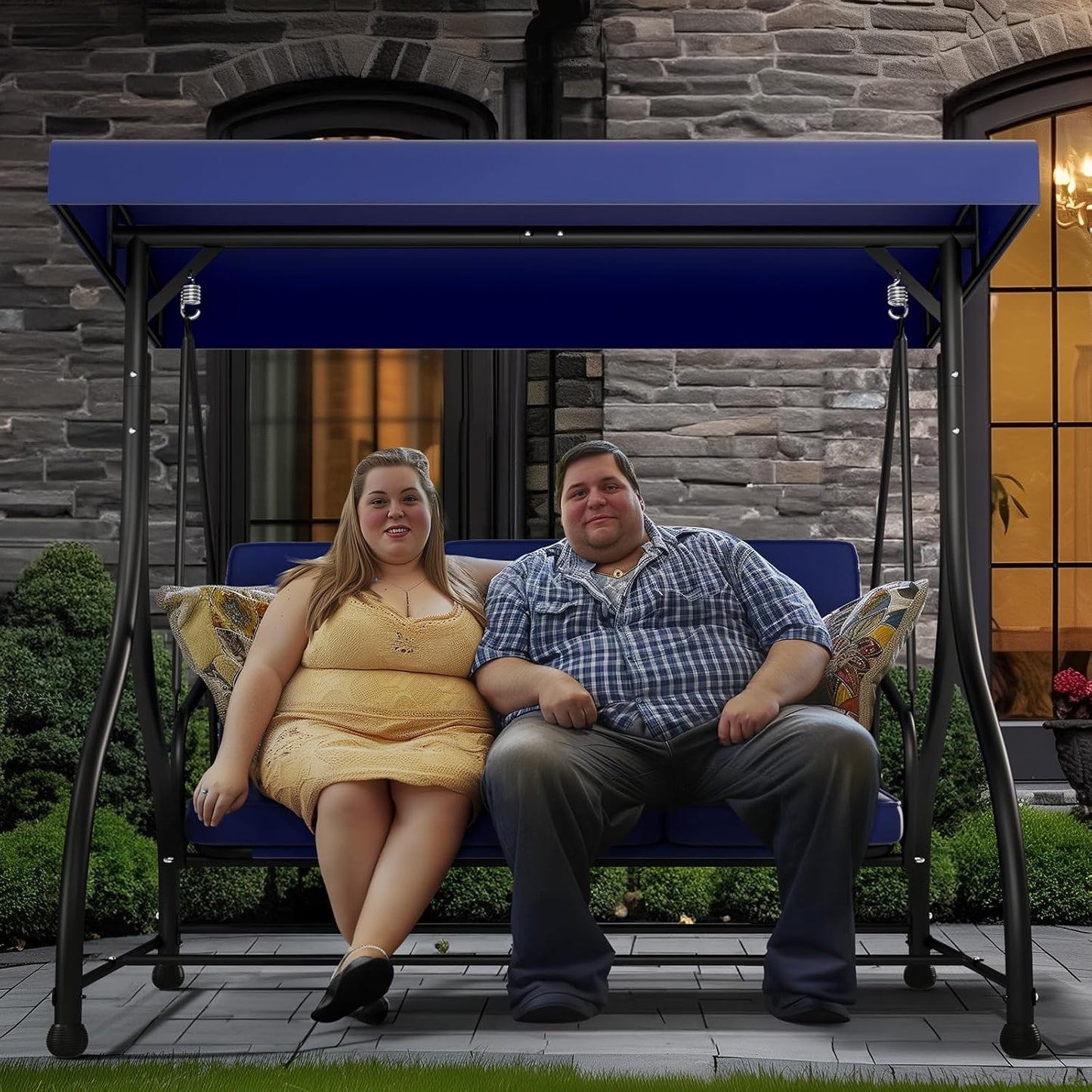 3-Seat Porch Swing Bed with Adjustable Canopy & Removable Cushions, Heavy Duty Steel Frame Outdoor Patio Swings Glider Chair for Backyard, Garden, Deck, Blue