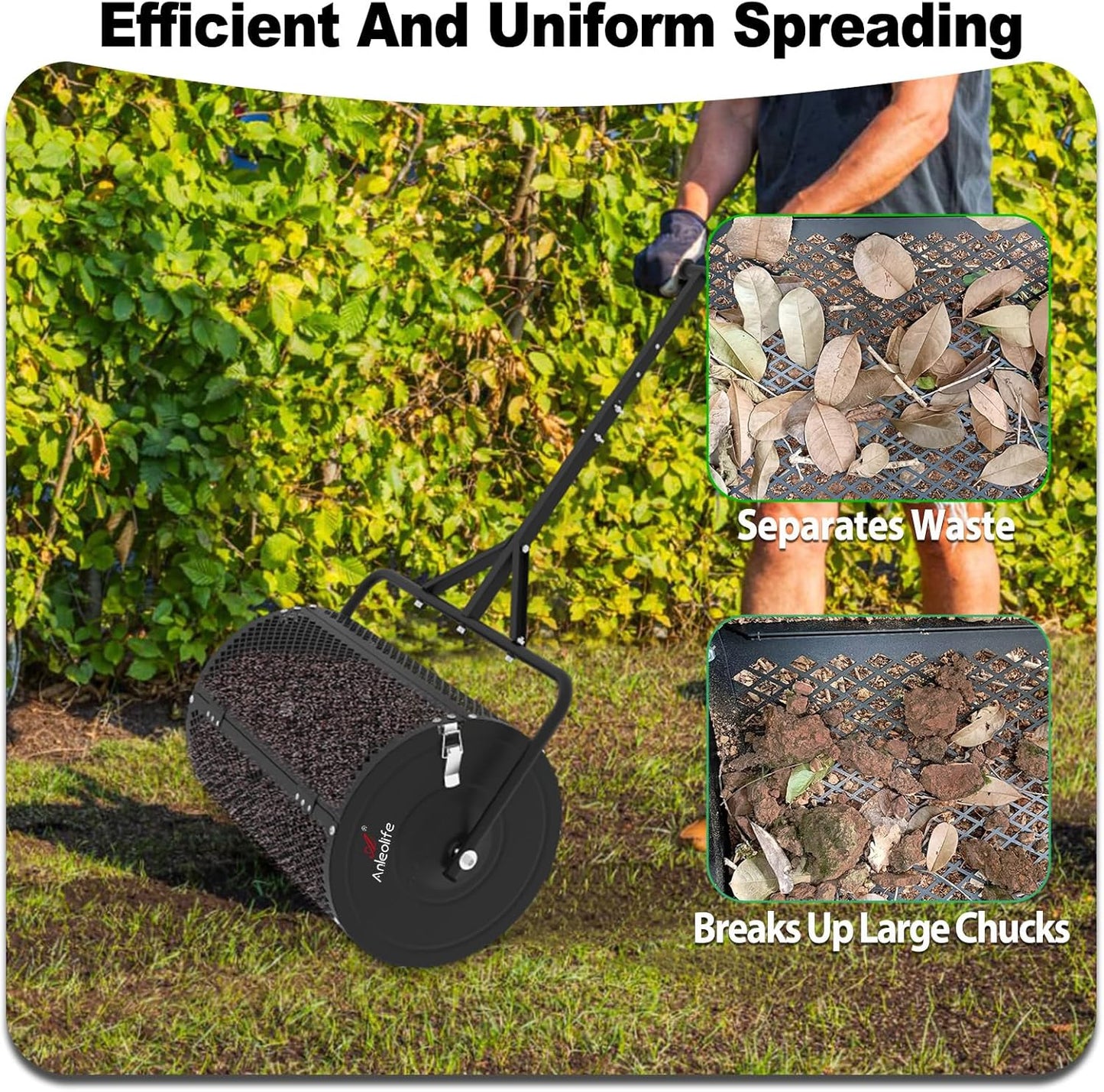 24 Inch Compost Spreader, Lawn and Garden Peat Moss Roller with Side Latches, 24-31.1" Height Adjustable Handle, Metal Mesh Basket for Spreading Topsoil, Manure, Mulch, Black