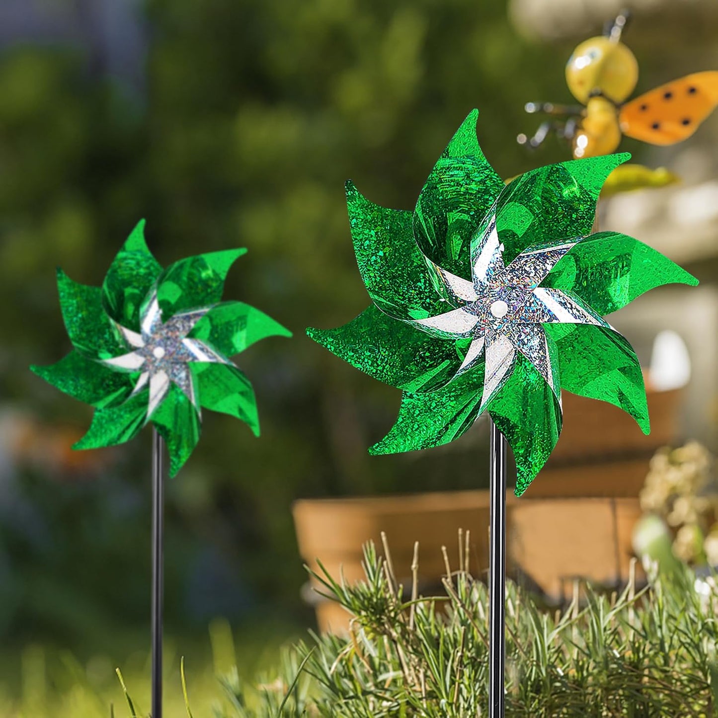 Hausse 10 Pack Reflective Pinwheels Holiday Decor, Extra Sparkly Wind Sculptures for St. Patrick's Day Decorations Party Supplies, Deterrent to Scare Birds Away from Garden Yard Patio Farm, Green