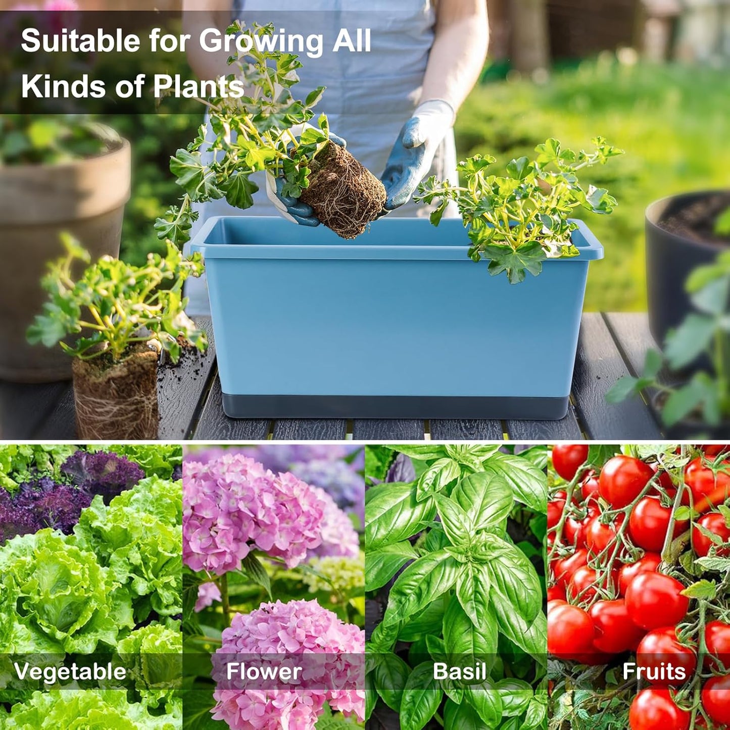 Window Box Planter 6 Pcs, 17 Inches Rectangle Flower Pots with Drainage Holes and Trays, Vegetable Planters for Windowsill Patio Garden Balcony Indoor Outdoor (Blue, 17 * 7.4 * 7.8 inch)