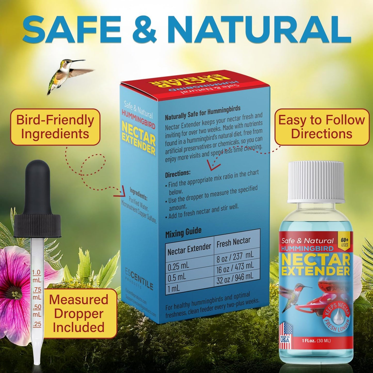 Hummingbird Nectar Extender - Keeps Nectar Fresh for 2+ Weeks, 60+ Uses, Made in USA, Safe & Natural Nectar Defense, Bird Safe Formula, for All Hummingbird Nectar & Feeders - 1oz