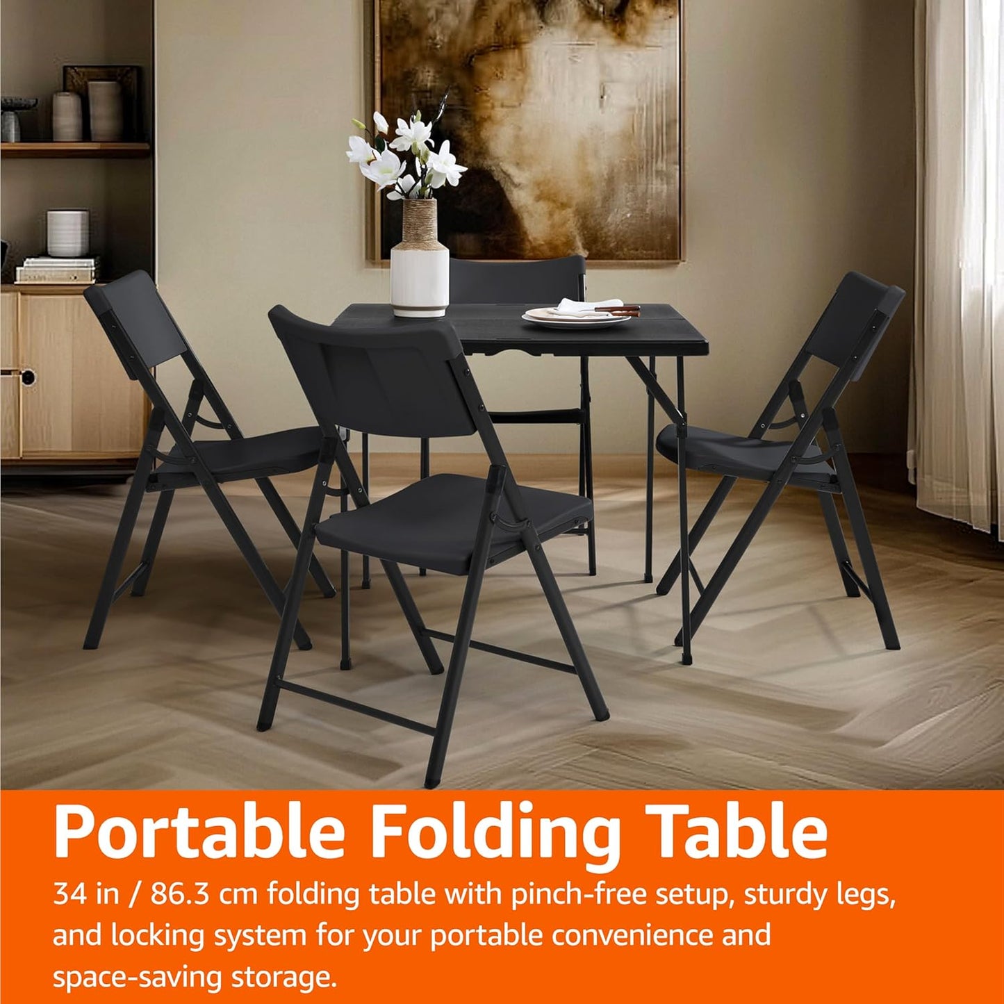 Amazon Basics 34 inch Portable Folding Dining Table with Carrying Handle, Black, 33.9 x 29.1 x 33.9 inch, Square