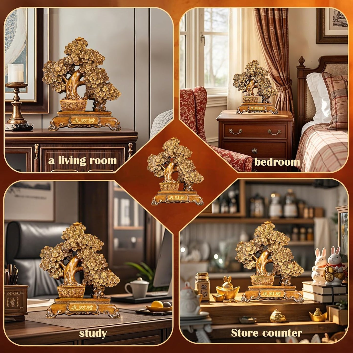 FENGSHUI-CAISHEN Top Resin Money Tree, Artificial Bonsai Tree, Handcrafted, Premium Quality, Feng Shui Gift for Abundance Luck and Success (Brown)